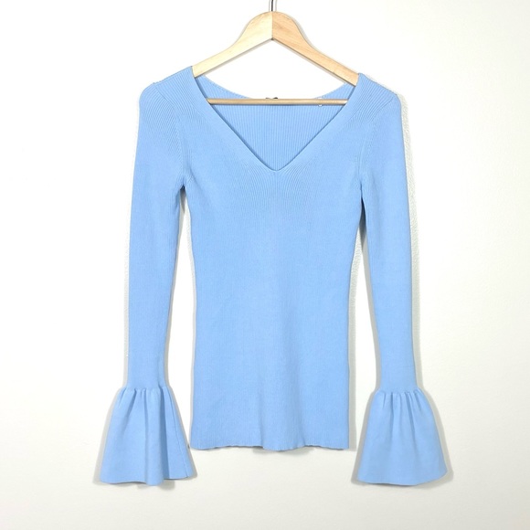 🩵SANDRO PARIS Baby Blue Bell Fluted Sleeves “Malana” Ribbed Sweater Top Blouse - Picture 2 of 9